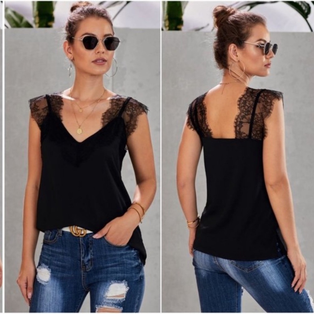 BLACK lace detail sleeveless top - Picture 3 of 3
